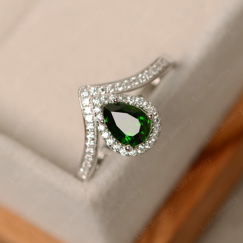 Teardrop Shaped Diopside Halo Engagement Ring - LUO Jewelry