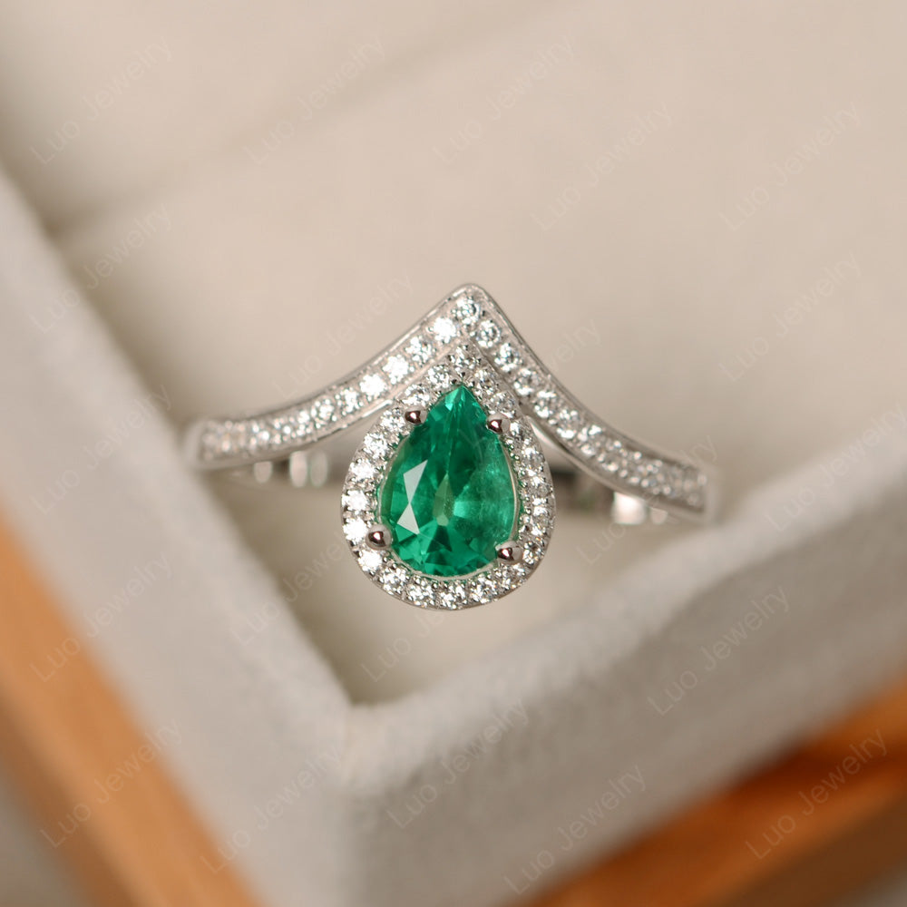 Teardrop Shaped Lab Emerald Halo Engagement Ring - LUO Jewelry