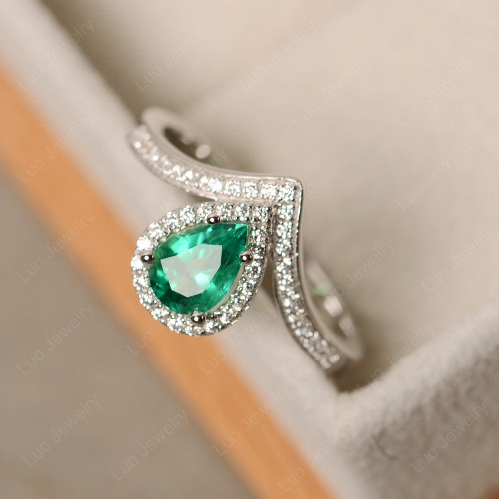 Teardrop Shaped Lab Emerald Halo Engagement Ring - LUO Jewelry