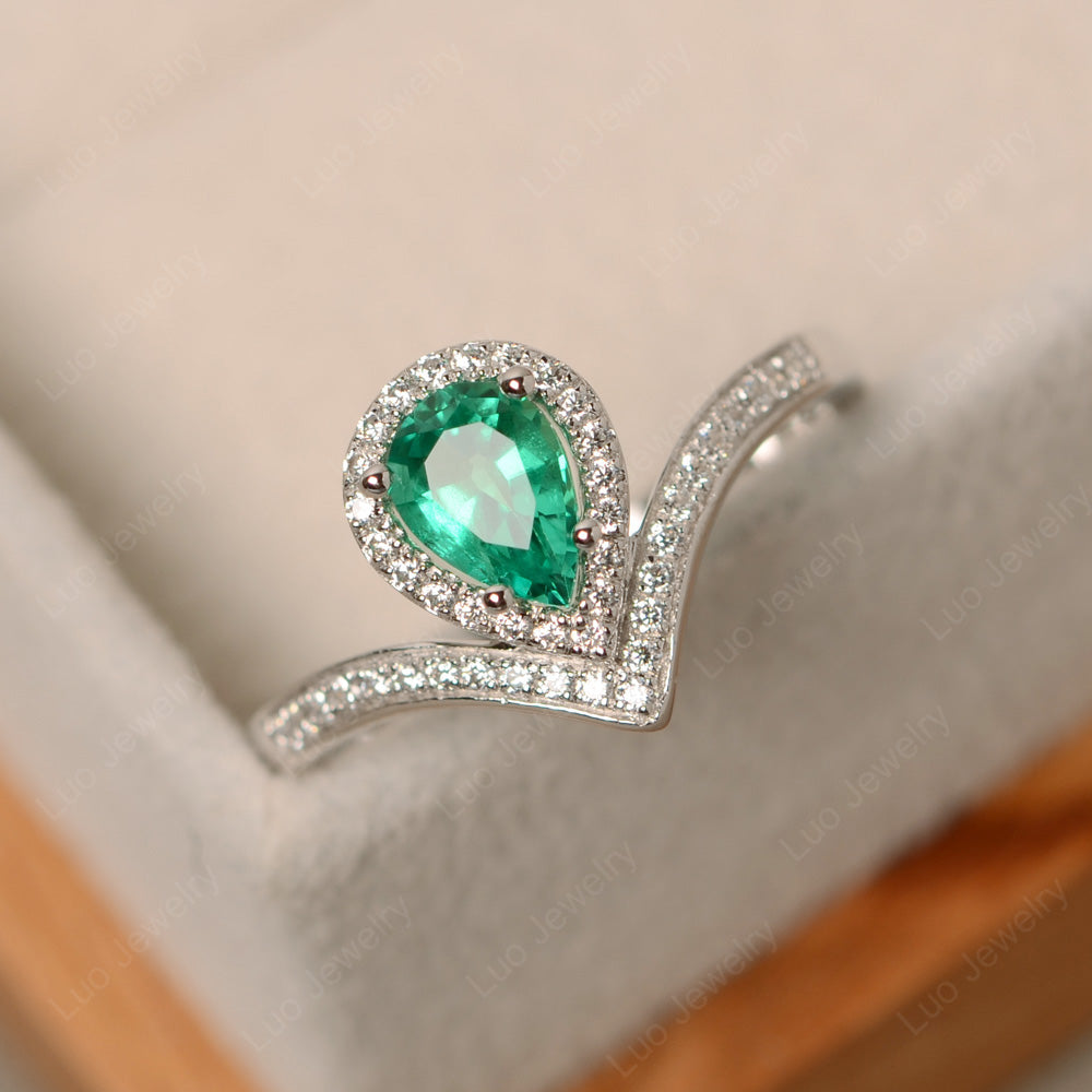 Teardrop Shaped Lab Emerald Halo Engagement Ring - LUO Jewelry