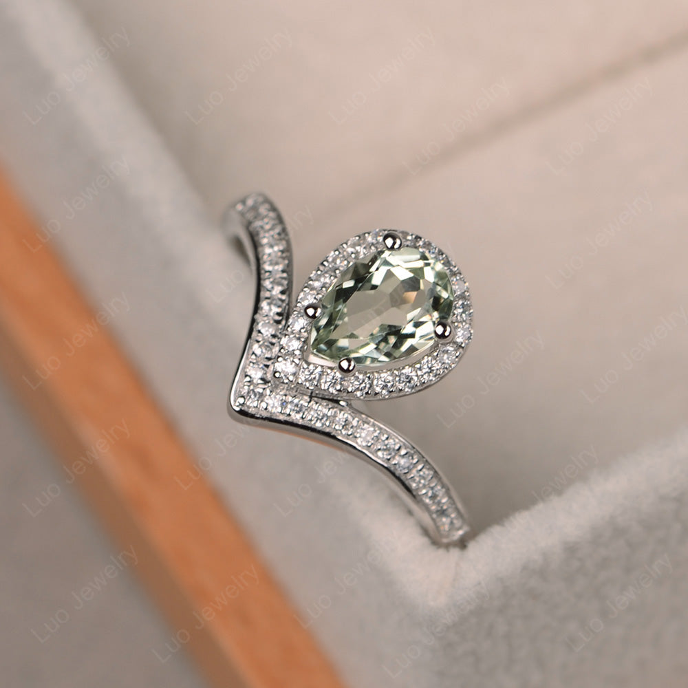Teardrop Shaped Green Amethyst Halo Engagement Ring - LUO Jewelry