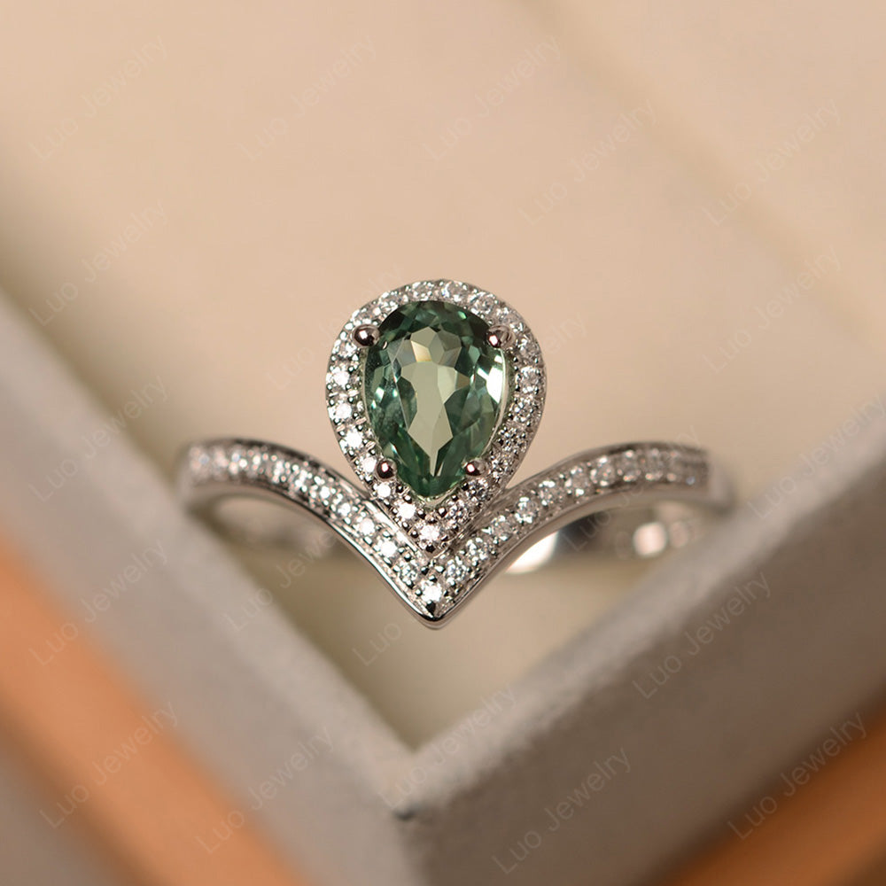 Teardrop Shaped Green Sapphire Halo Engagement Ring - LUO Jewelry
