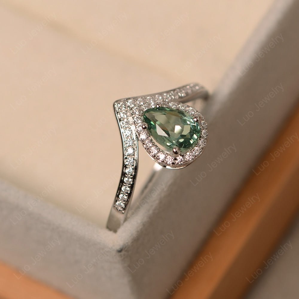 Teardrop Shaped Green Sapphire Halo Engagement Ring - LUO Jewelry