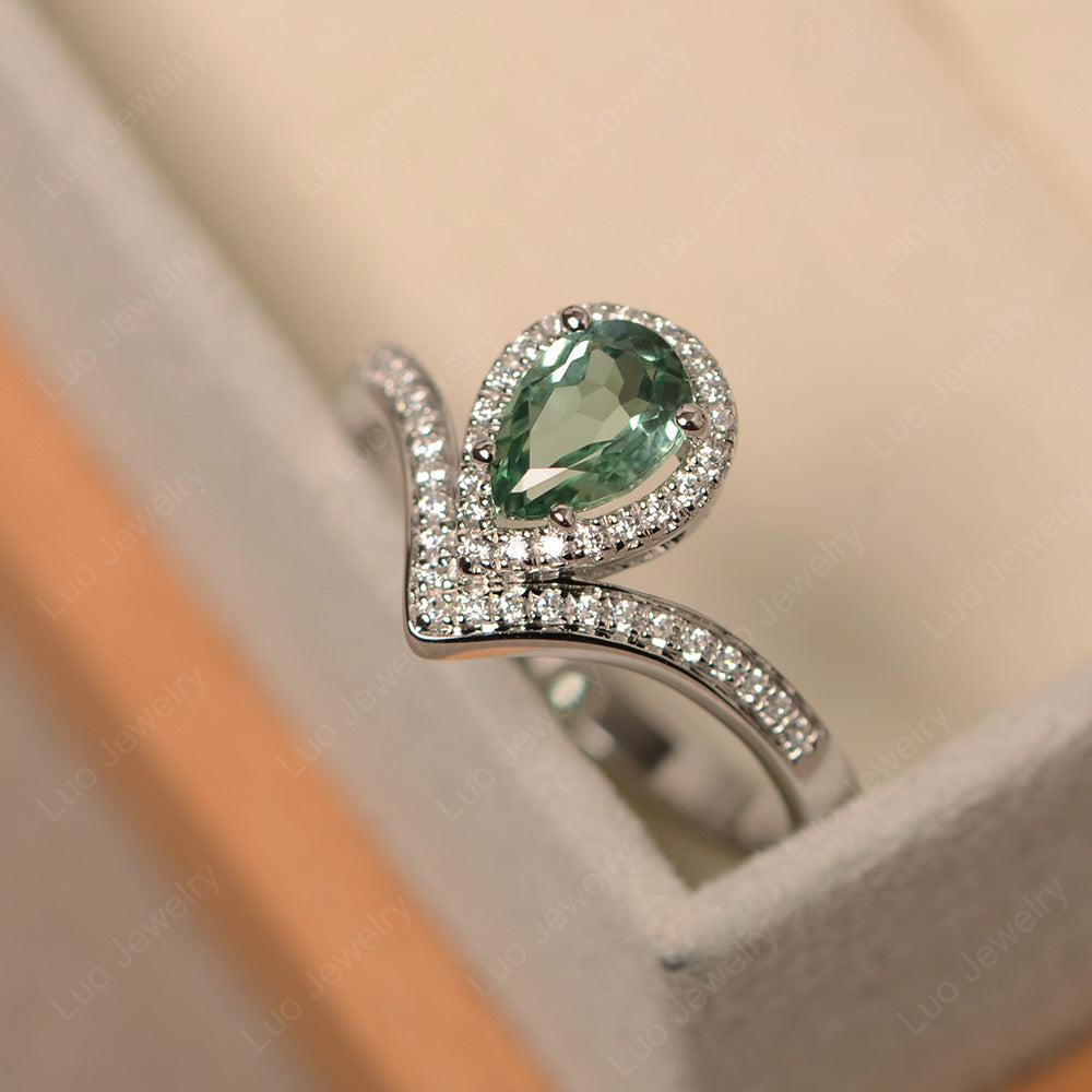 Teardrop Shaped Green Sapphire Halo Engagement Ring - LUO Jewelry