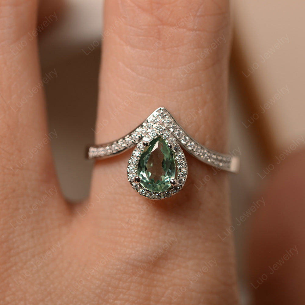 Teardrop Shaped Green Sapphire Halo Engagement Ring - LUO Jewelry