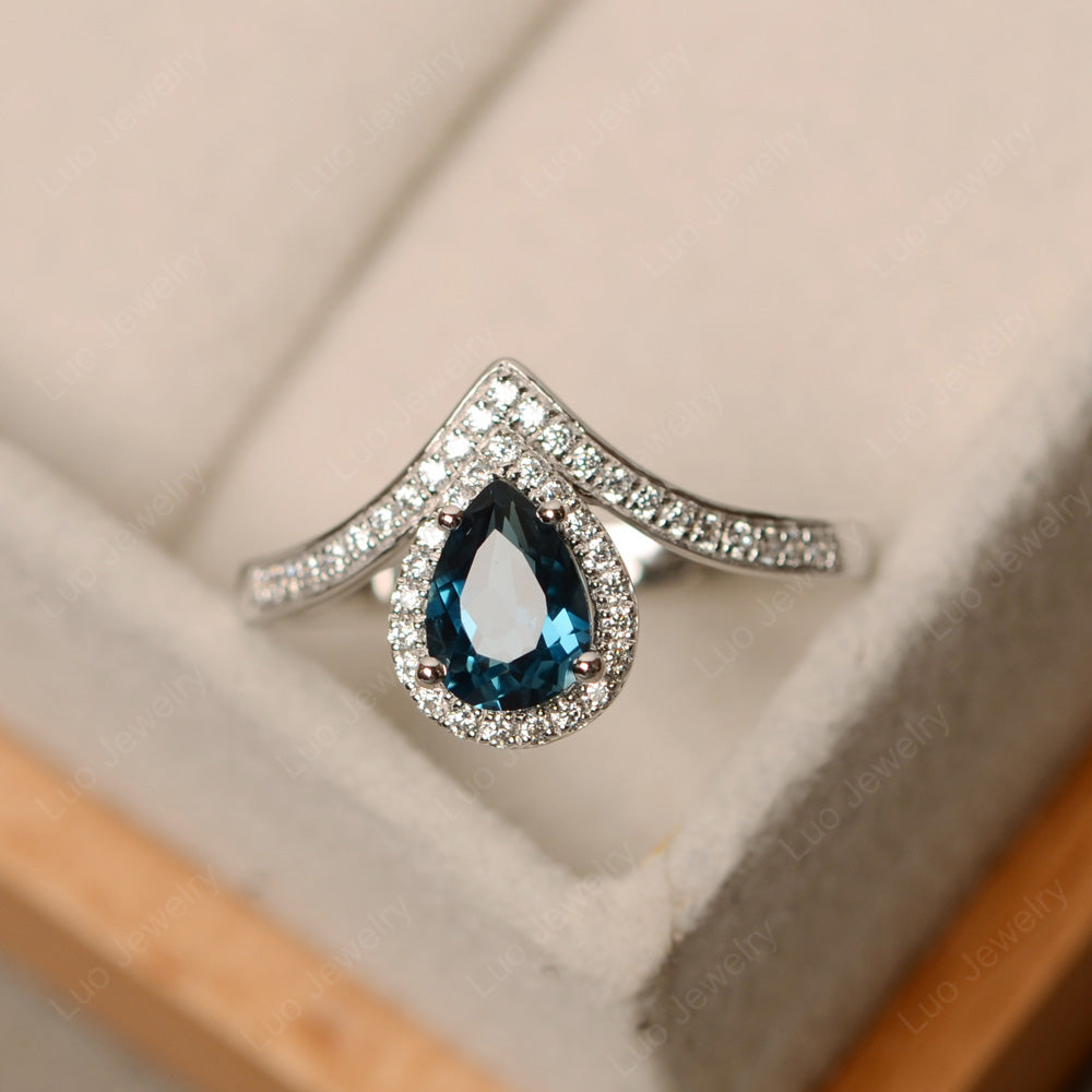 Teardrop Shaped London Blue Topaz Halo Engagement Ring - LUO Jewelry
