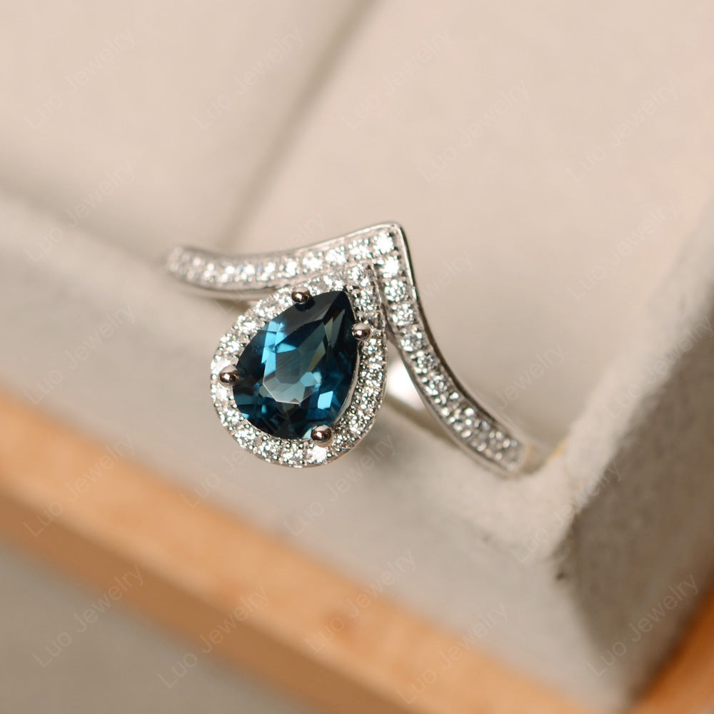 Teardrop Shaped London Blue Topaz Halo Engagement Ring - LUO Jewelry