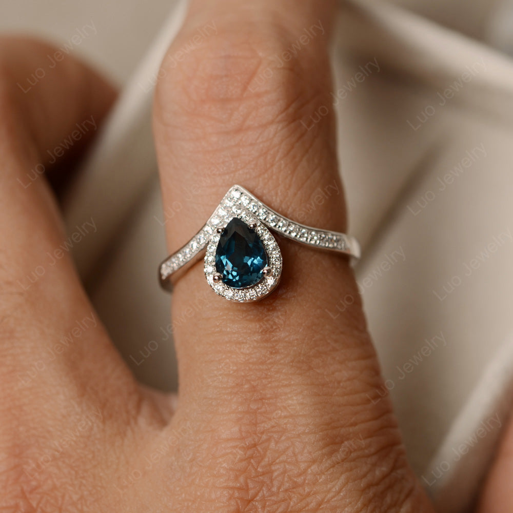 Teardrop Shaped London Blue Topaz Halo Engagement Ring - LUO Jewelry