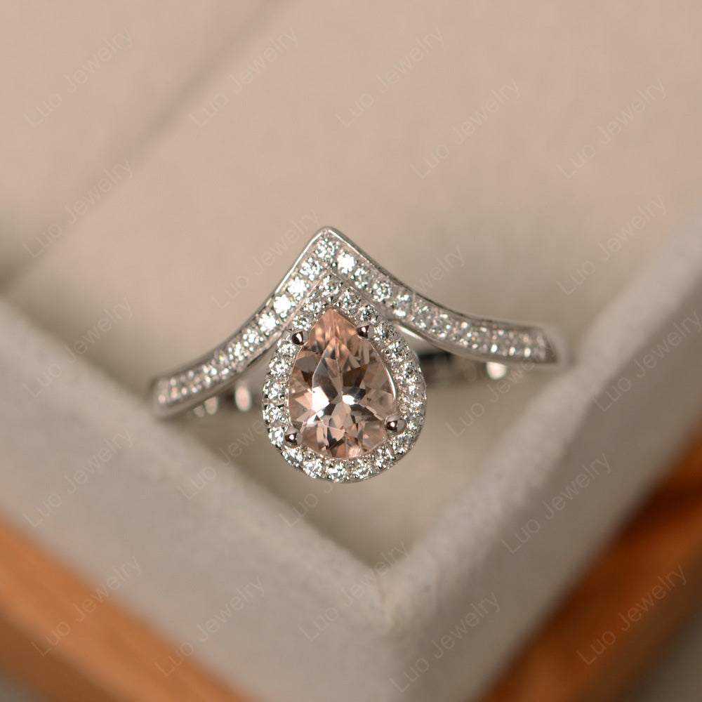 Teardrop Shaped Morganite Halo Engagement Ring - LUO Jewelry