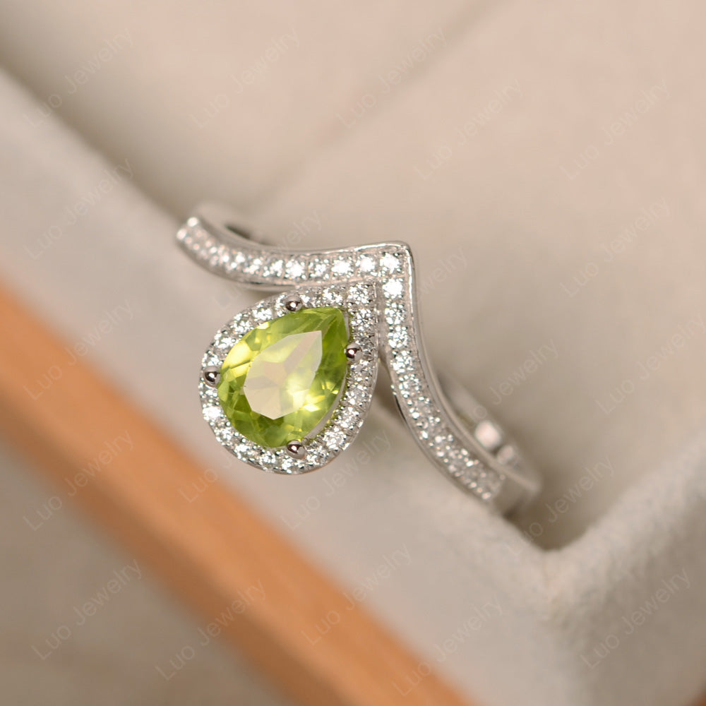 Teardrop Shaped Peridot Halo Engagement Ring - LUO Jewelry