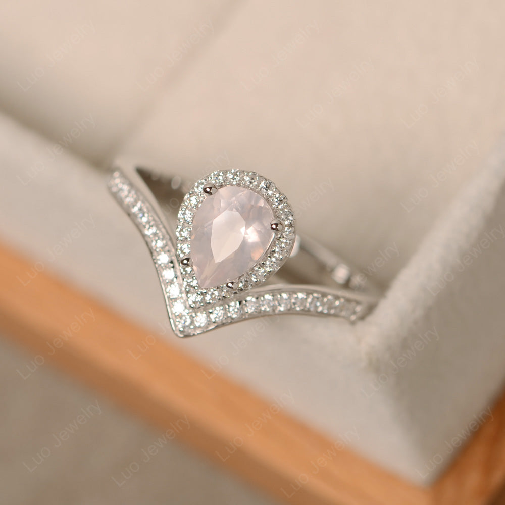 Teardrop Shaped Rose Quartz Halo Engagement Ring - LUO Jewelry