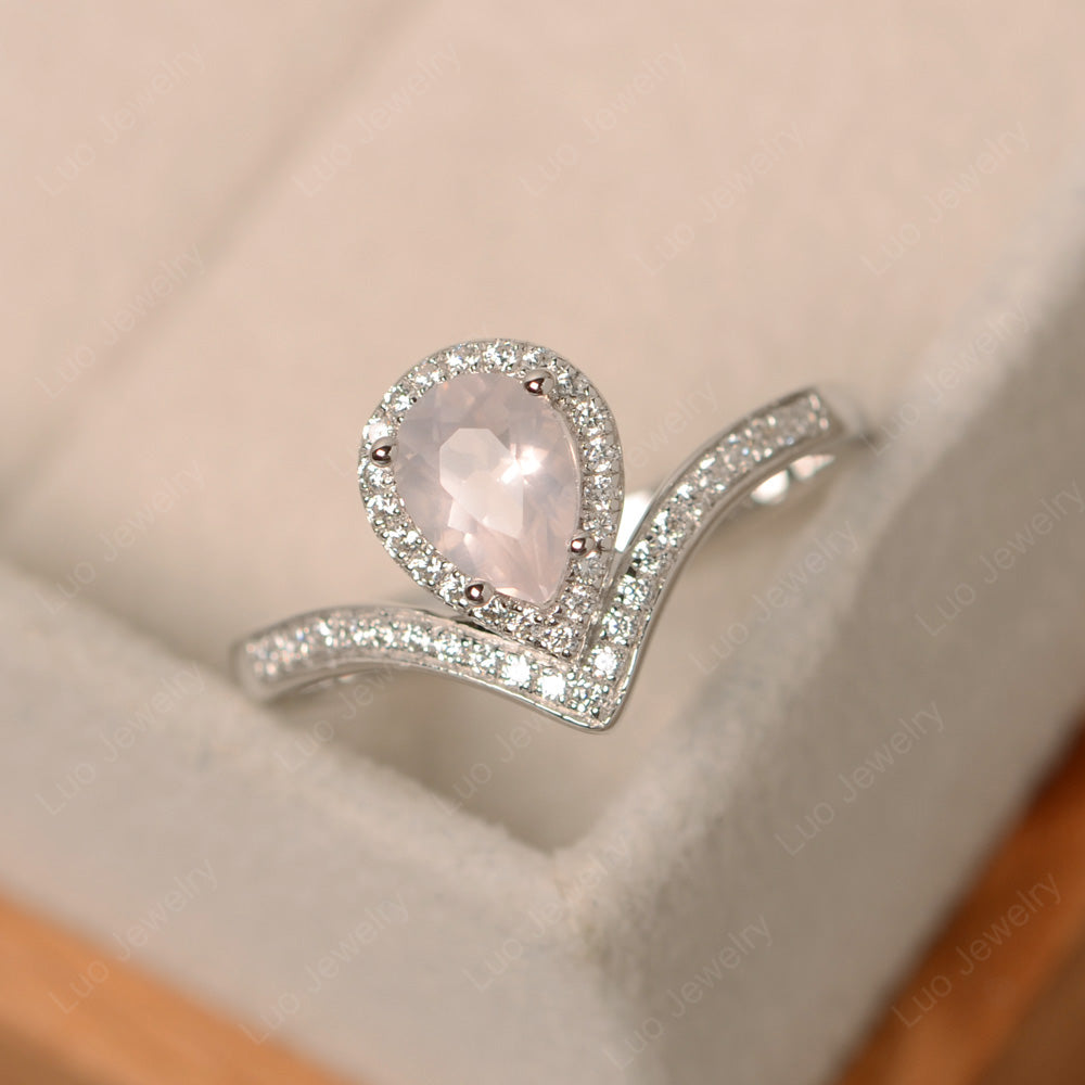 Teardrop Shaped Rose Quartz Halo Engagement Ring - LUO Jewelry