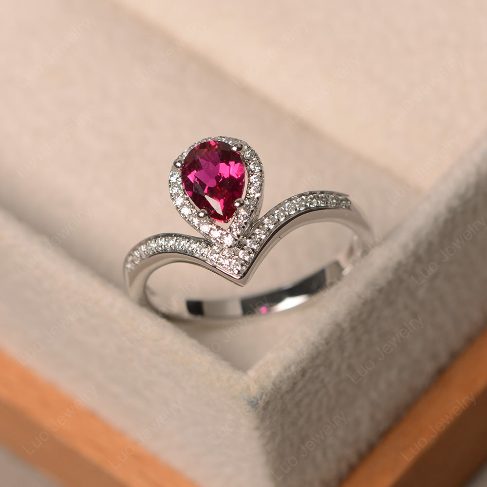 Teardrop Shaped Ruby Halo Engagement Ring - LUO Jewelry