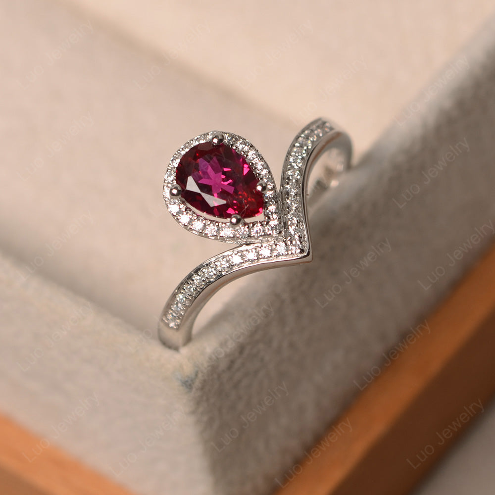 Teardrop Shaped Ruby Halo Engagement Ring - LUO Jewelry