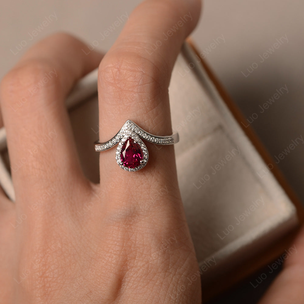 Teardrop Shaped Ruby Halo Engagement Ring - LUO Jewelry