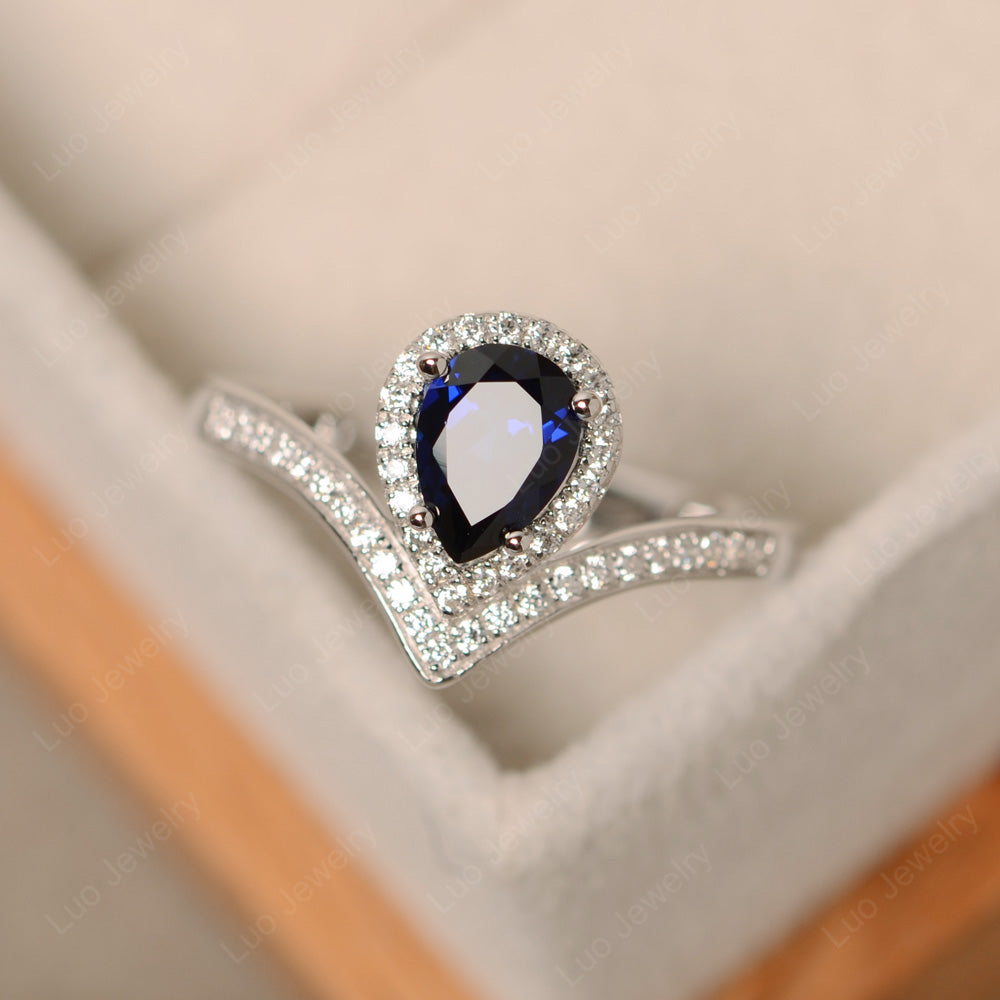 Teardrop Shaped Lab Sapphire Halo Engagement Ring - LUO Jewelry
