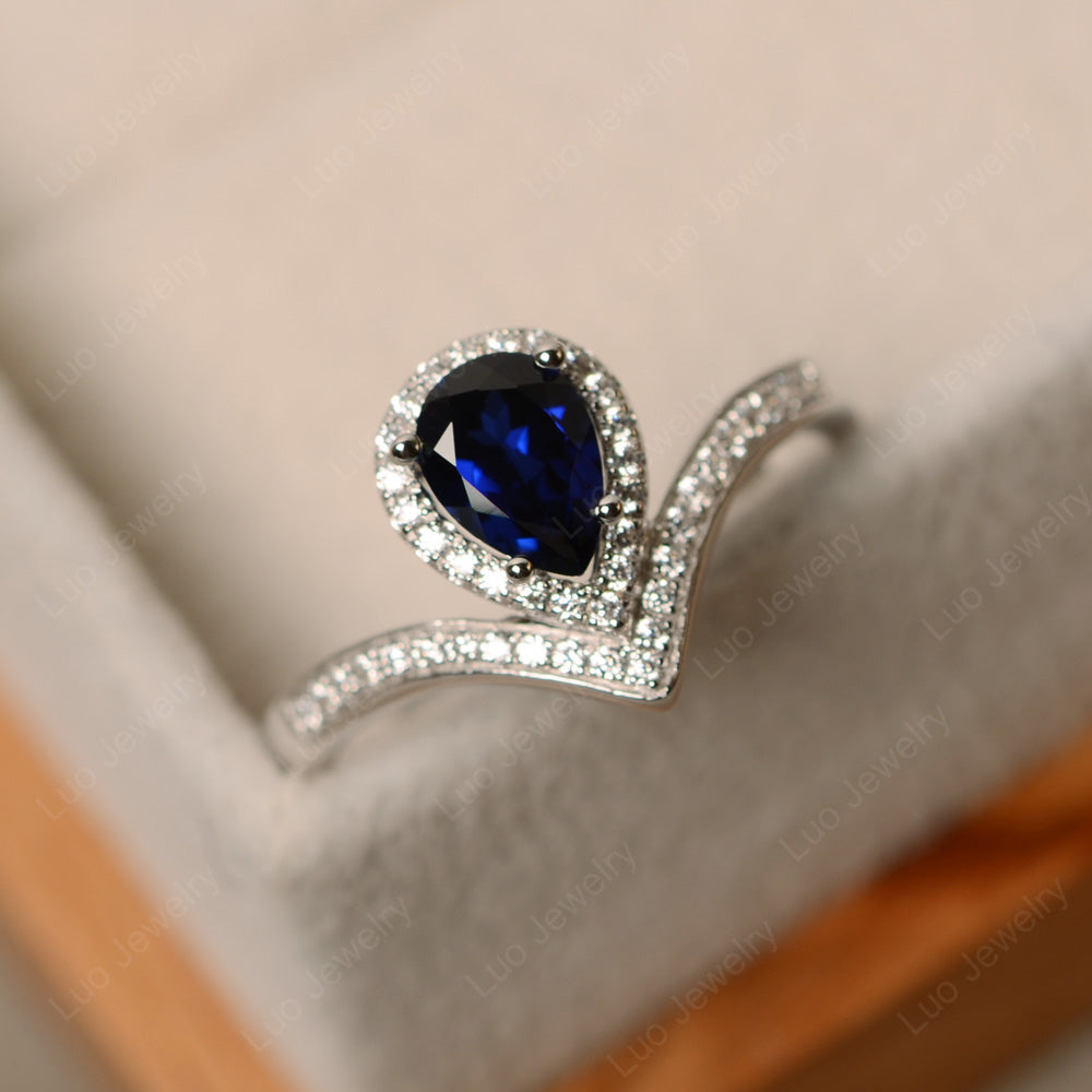 Teardrop Shaped Lab Sapphire Halo Engagement Ring - LUO Jewelry