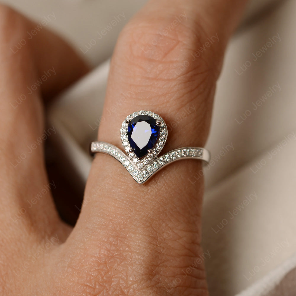 Teardrop Shaped Lab Sapphire Halo Engagement Ring - LUO Jewelry