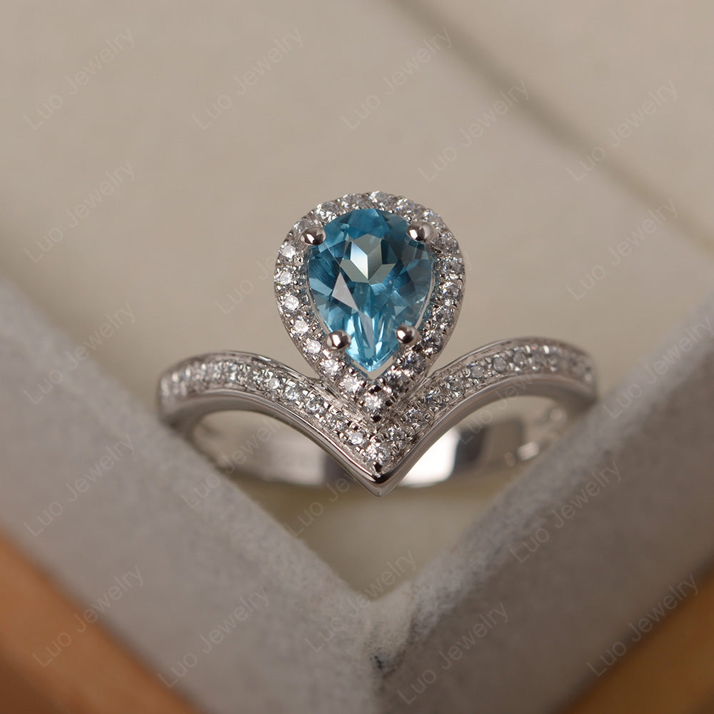 Teardrop Shaped Swiss Blue Topaz Halo Engagement Ring - LUO Jewelry