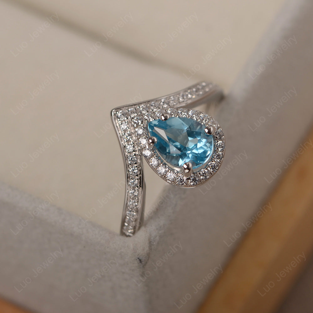 Teardrop Shaped Swiss Blue Topaz Halo Engagement Ring - LUO Jewelry