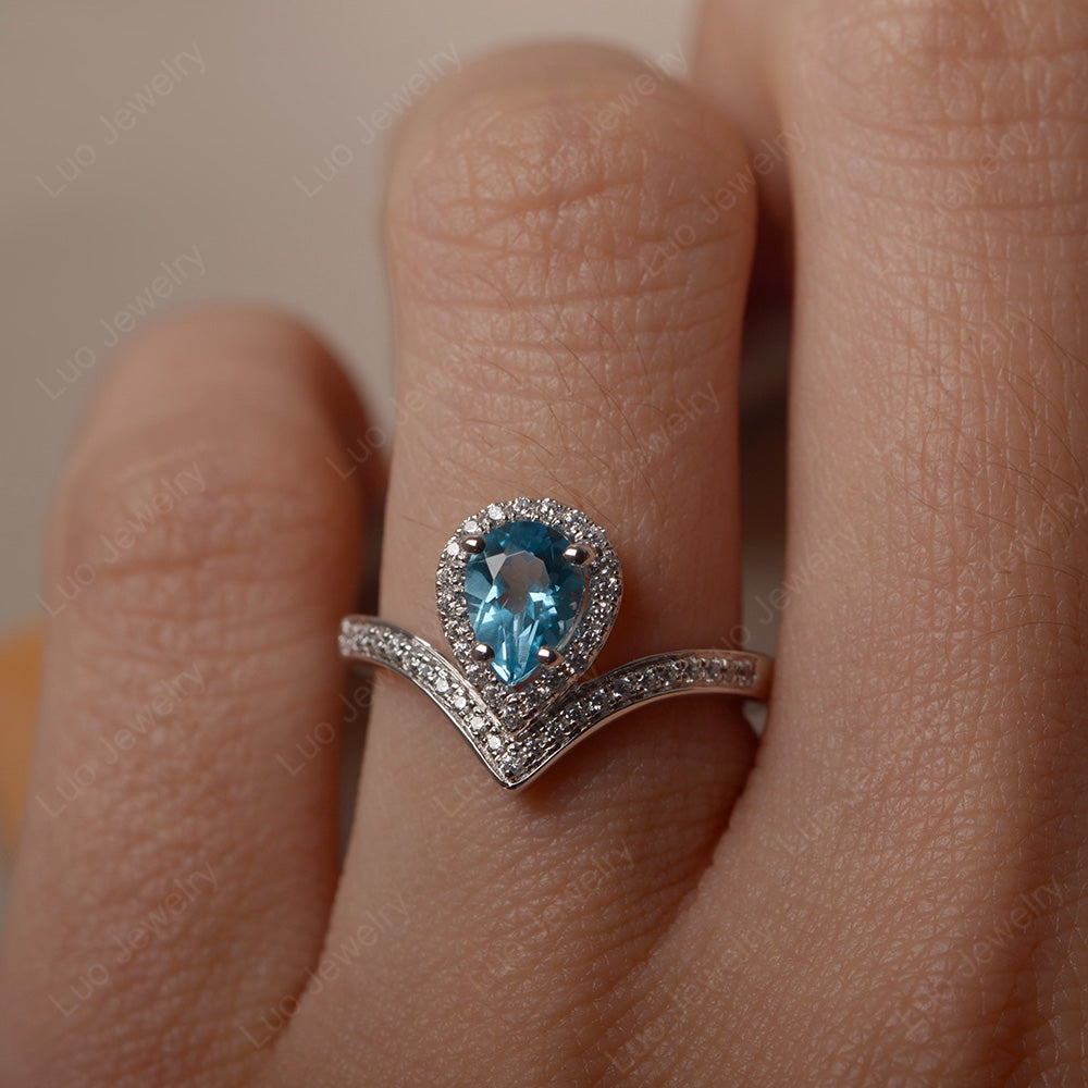 Teardrop Shaped Swiss Blue Topaz Halo Engagement Ring - LUO Jewelry