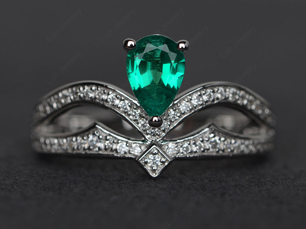 Lab Emerald Vintage Pear Shaped Engagement Ring - LUO Jewelry