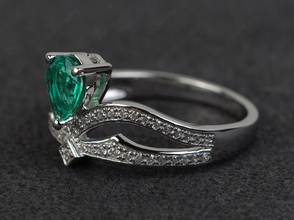 Lab Emerald Vintage Pear Shaped Engagement Ring - LUO Jewelry