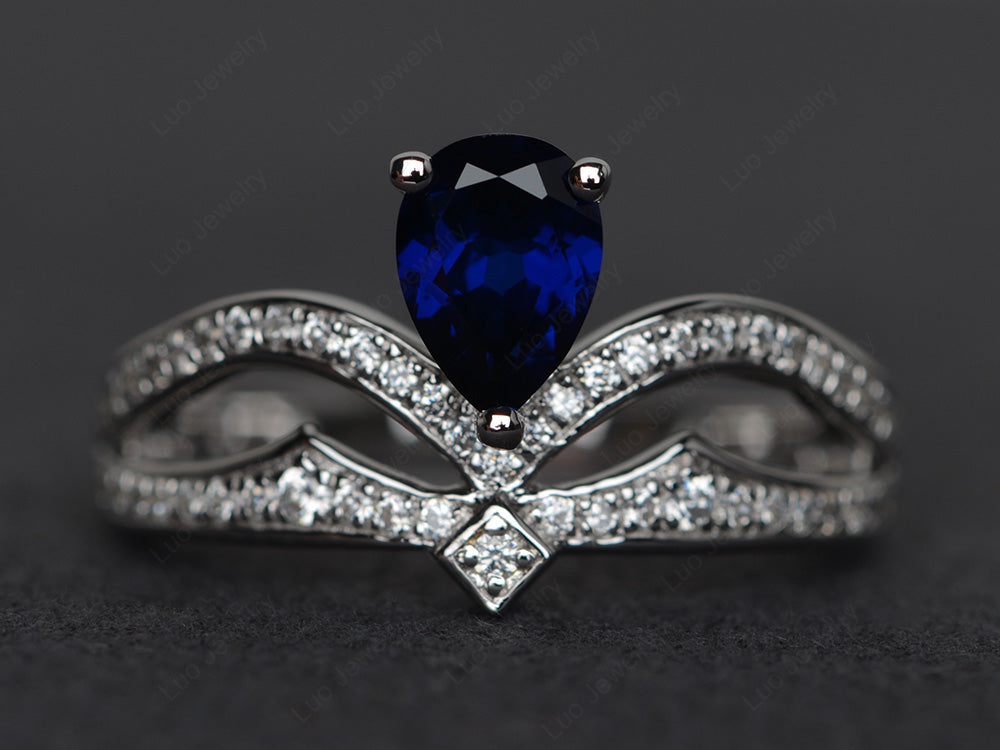 Lab Sapphire Vintage Pear Shaped Engagement Ring - LUO Jewelry