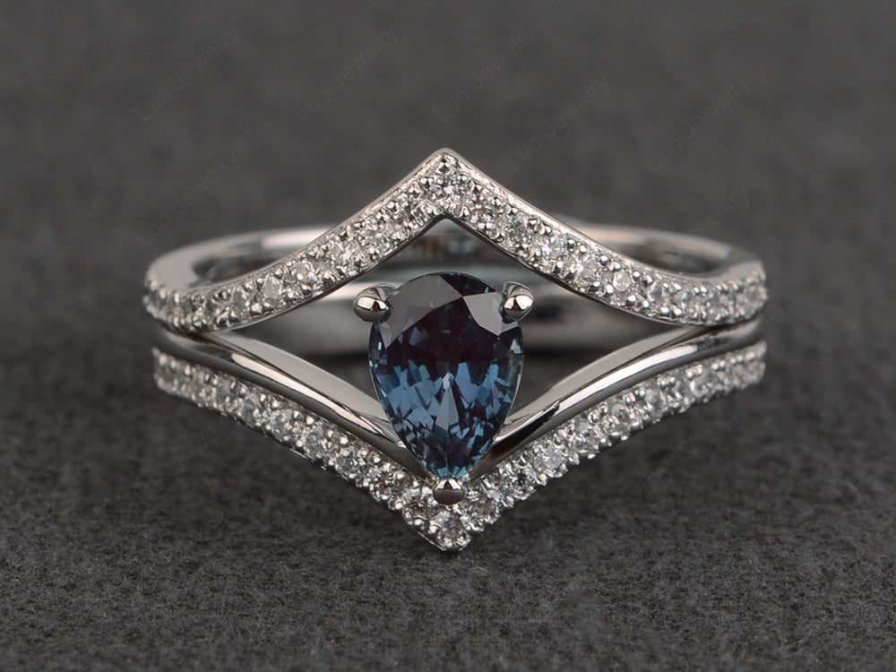 Pear Shaped Alexandrite Bridal Set Ring Silver - LUO Jewelry