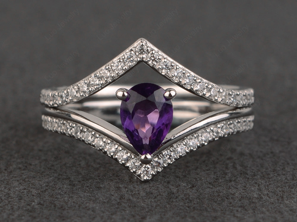 Pear Shaped Amethyst Bridal Set Ring Silver - LUO Jewelry