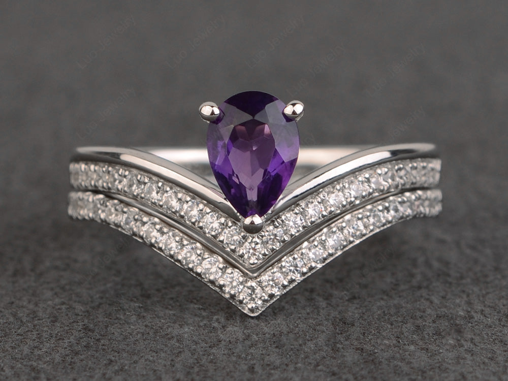 Pear Shaped Amethyst Bridal Set Ring Silver - LUO Jewelry