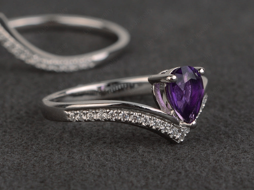 Pear Shaped Amethyst Bridal Set Ring Silver - LUO Jewelry