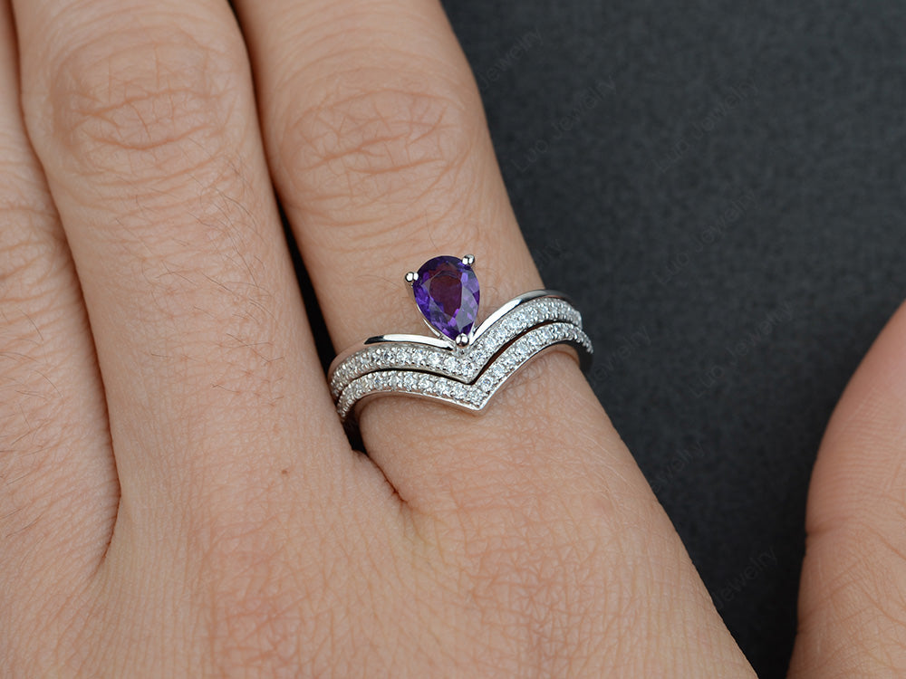 Pear Shaped Amethyst Bridal Set Ring Silver - LUO Jewelry