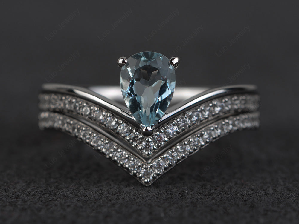 Pear Shaped Aquamarine Bridal Set Ring Silver - LUO Jewelry