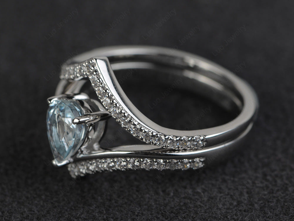 Pear Shaped Aquamarine Bridal Set Ring Silver - LUO Jewelry