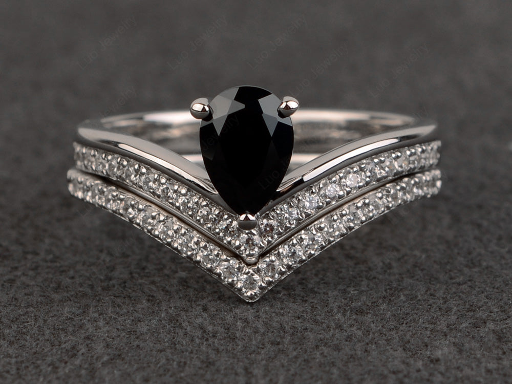 Pear Shaped Black Stone Bridal Set Ring Silver - LUO Jewelry