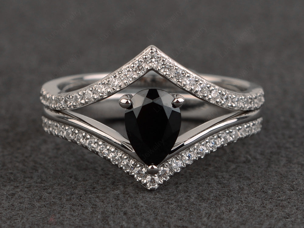 Pear Shaped Black Stone Bridal Set Ring Silver - LUO Jewelry