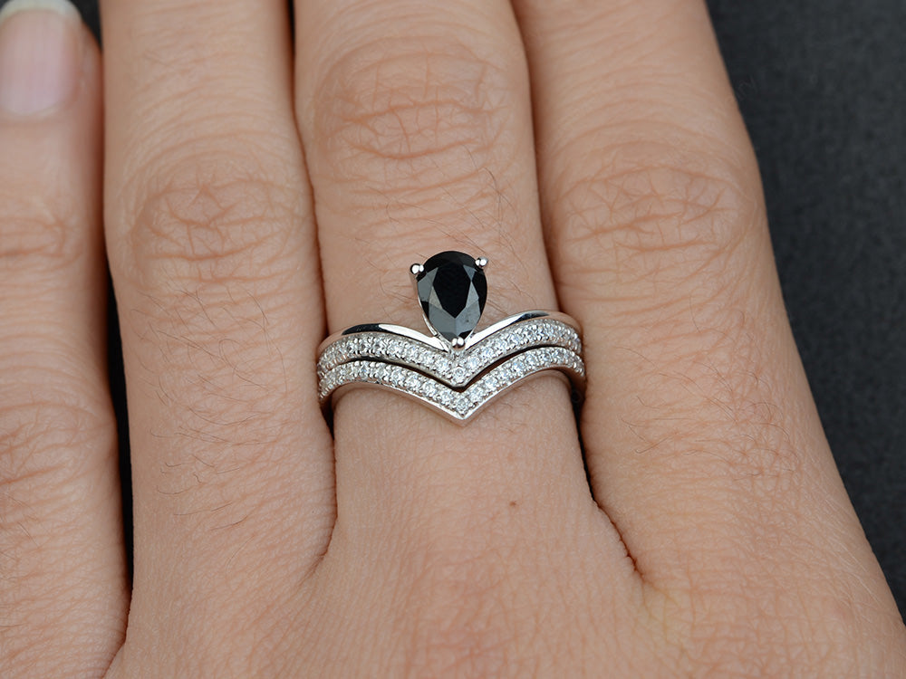 Pear Shaped Black Stone Bridal Set Ring Silver - LUO Jewelry