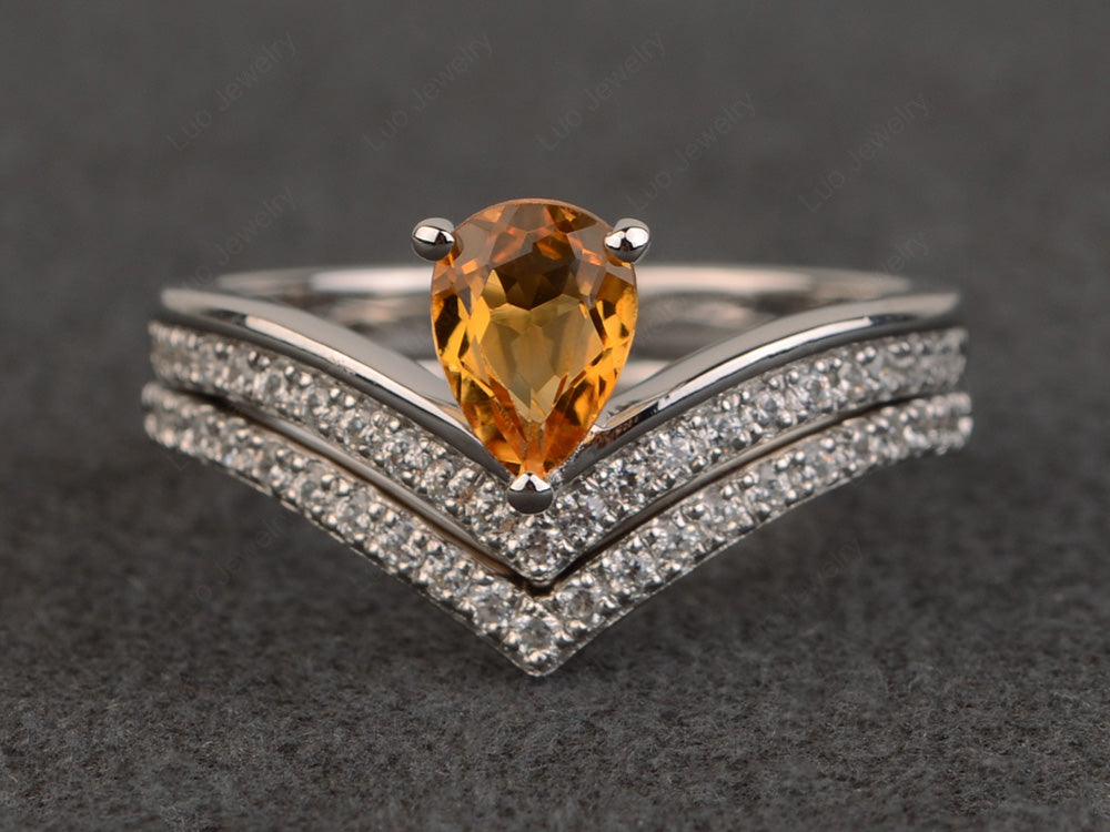 Pear Shaped Citrine Bridal Set Ring Silver - LUO Jewelry