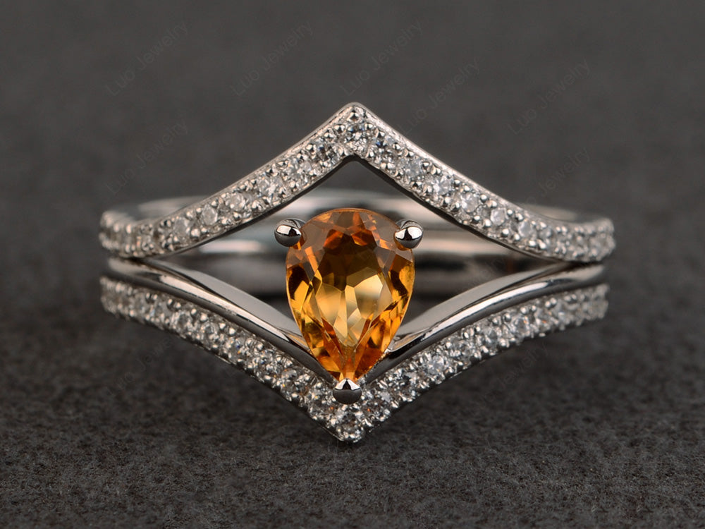 Pear Shaped Citrine Bridal Set Ring Silver - LUO Jewelry