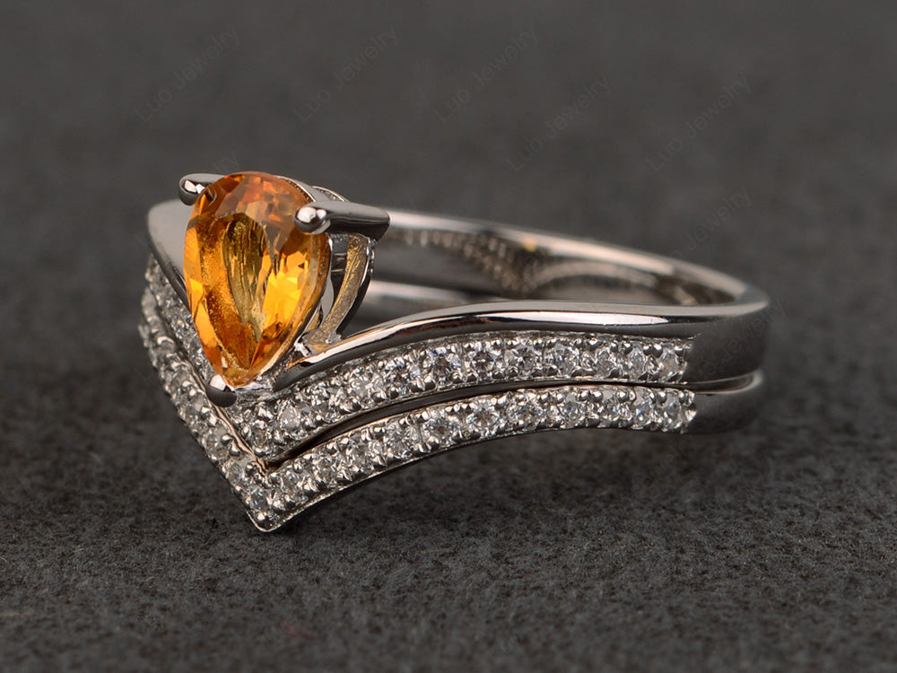 Pear Shaped Citrine Bridal Set Ring Silver - LUO Jewelry