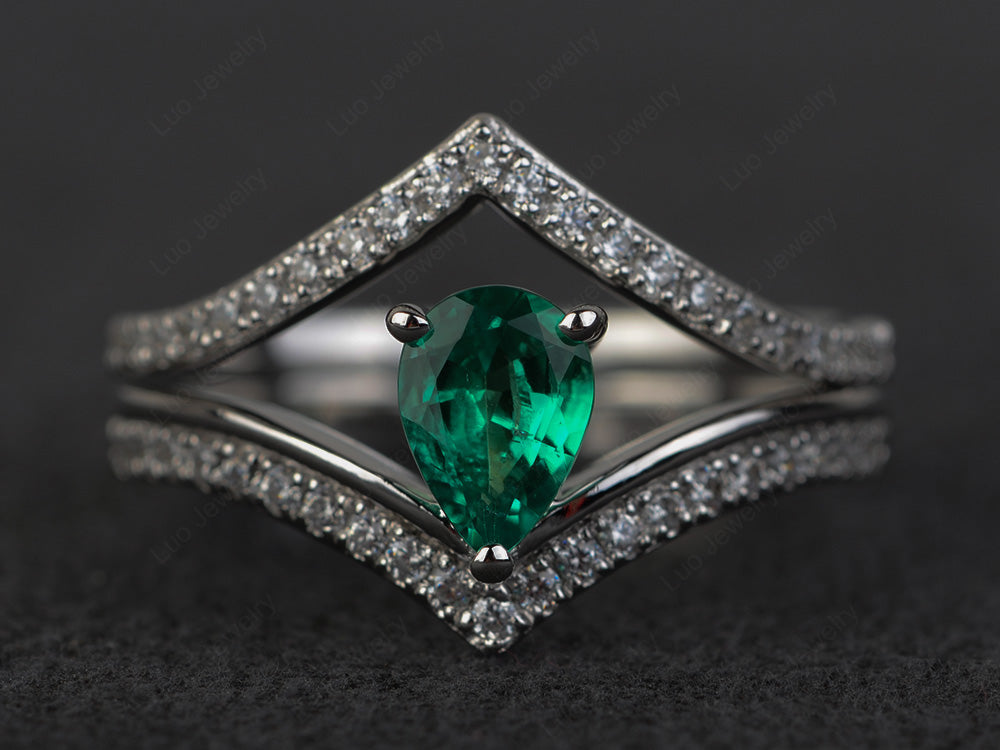 Pear Shaped Lab Emerald Bridal Set Ring Silver - LUO Jewelry