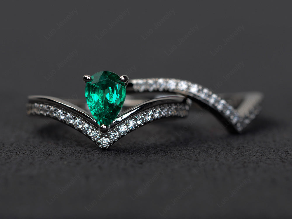 Pear Shaped Lab Emerald Bridal Set Ring Silver - LUO Jewelry