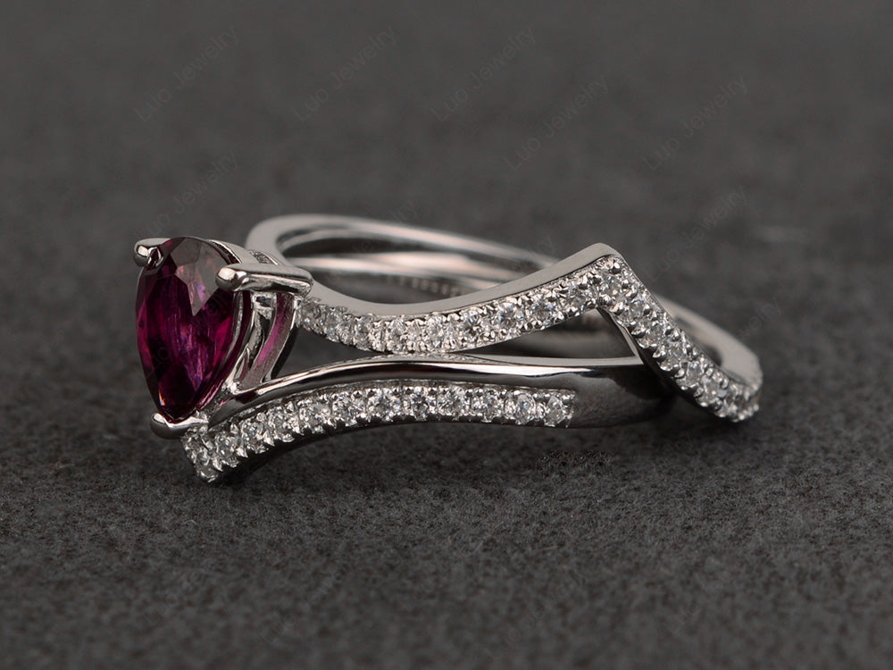 Pear Shaped Garnet Bridal Set Ring Silver - LUO Jewelry
