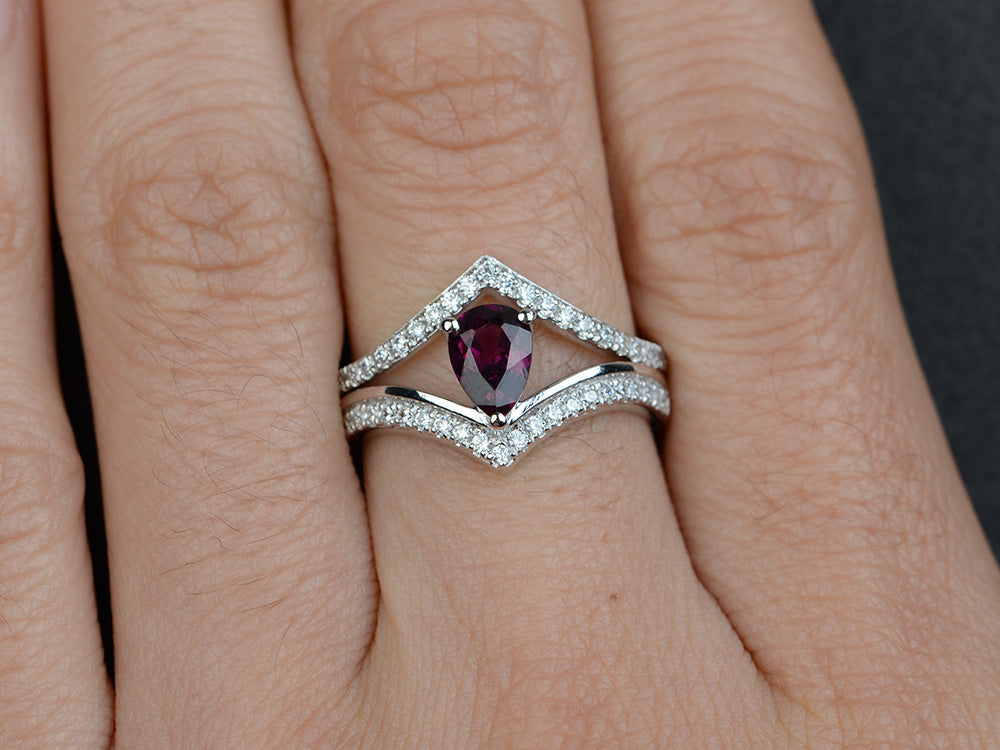 Pear Shaped Garnet Bridal Set Ring Silver - LUO Jewelry