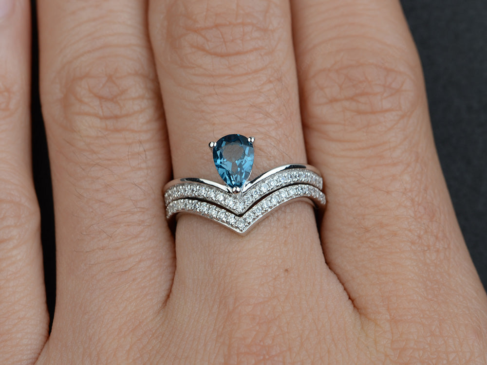 Pear Shaped London Blue Topaz Bridal Set Ring Silver - LUO Jewelry
