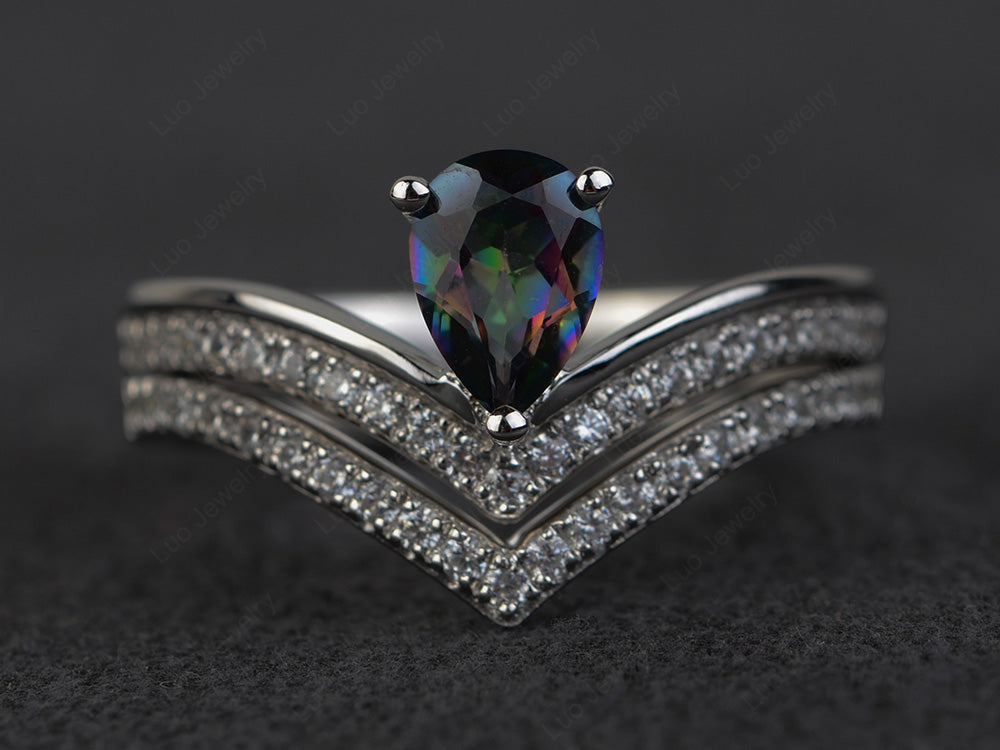 Pear Shaped Mystic Topaz Bridal Set Ring Silver - LUO Jewelry