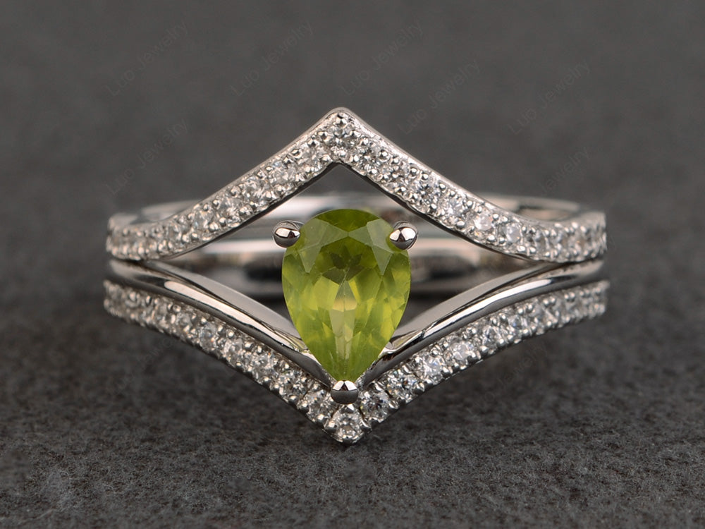 Pear Shaped Peridot Bridal Set Ring Silver - LUO Jewelry