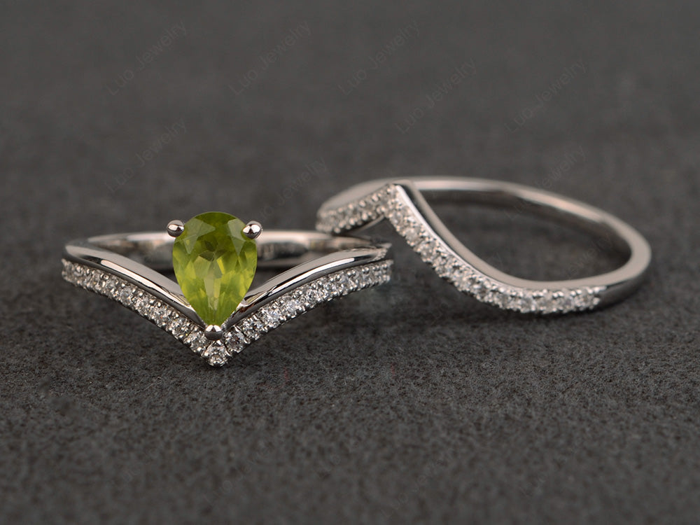 Pear Shaped Peridot Bridal Set Ring Silver - LUO Jewelry