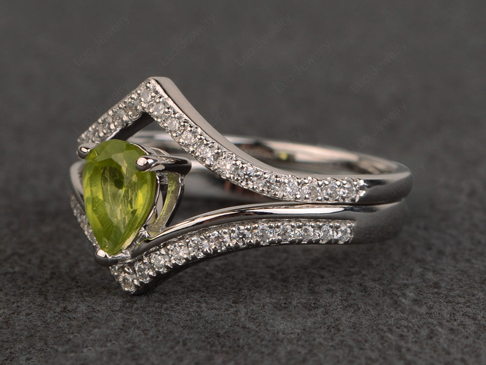 Pear Shaped Peridot Bridal Set Ring Silver - LUO Jewelry